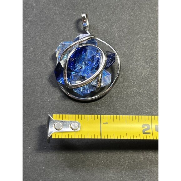 Pendant Silver 925 Made In Italy Blue Round Cluster Crystals Signed - Picture 8 of 9